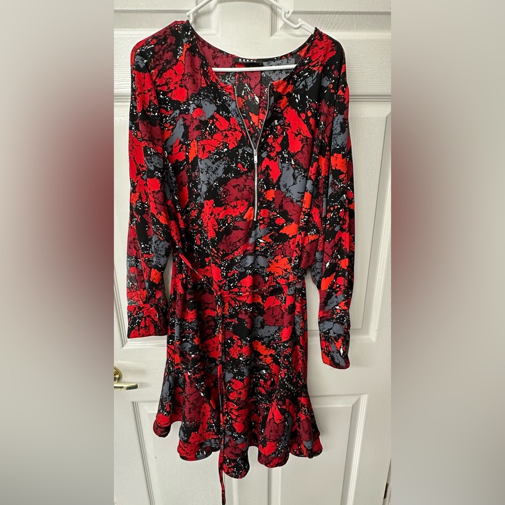 Women's Rebel Wilson X Angels Dress Red Print w/ Ruffled Hem, Front Zipper